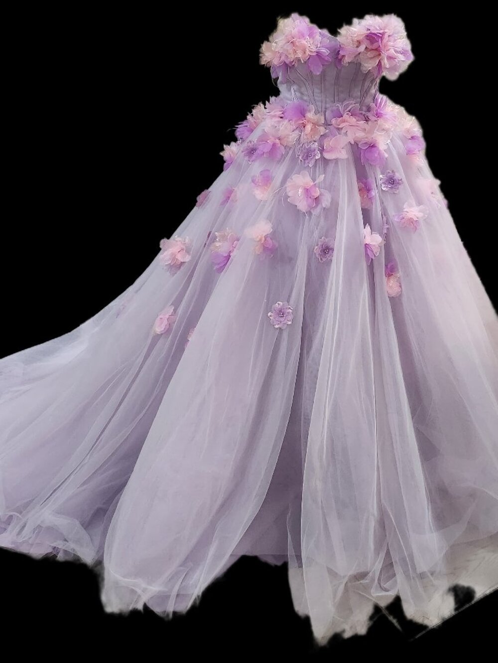 3D Floral Lavender Tulle Prom Ball Gown Corset Back